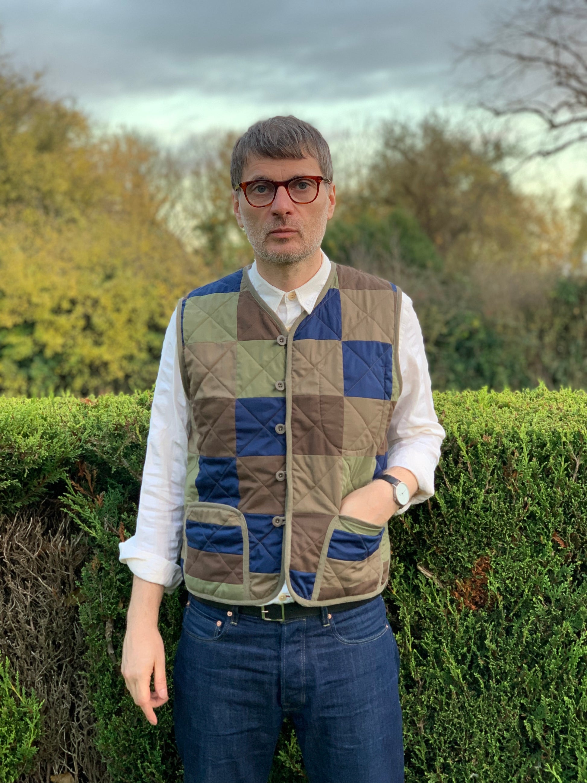 camo scraps quilted liner waistcoat cotton tiger