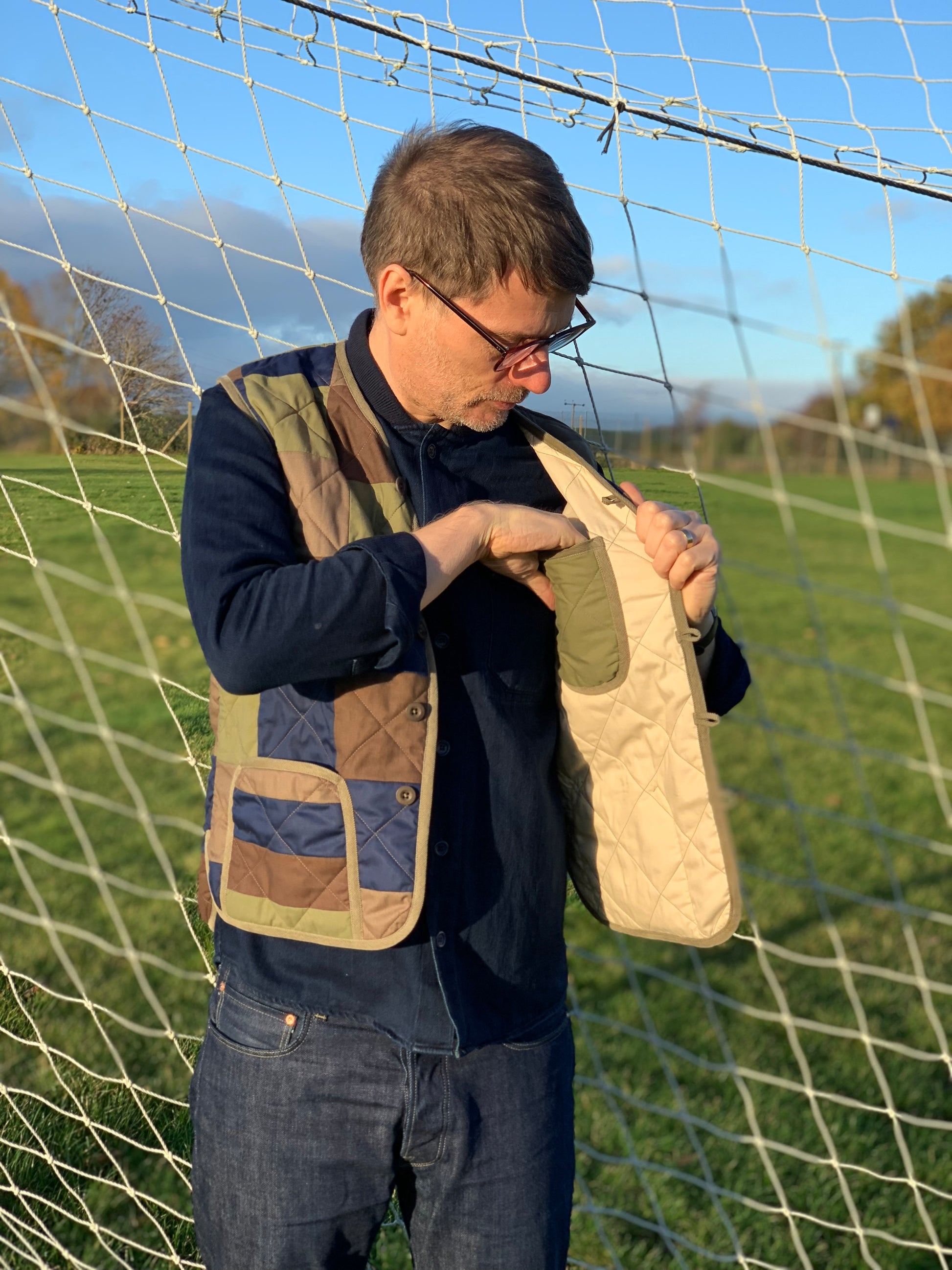 camo scraps quilted liner waistcoat cotton tiger