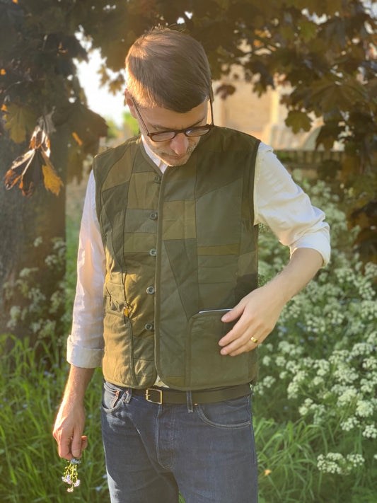 camo scraps quilted liner waistcoat vintage military khaki mens