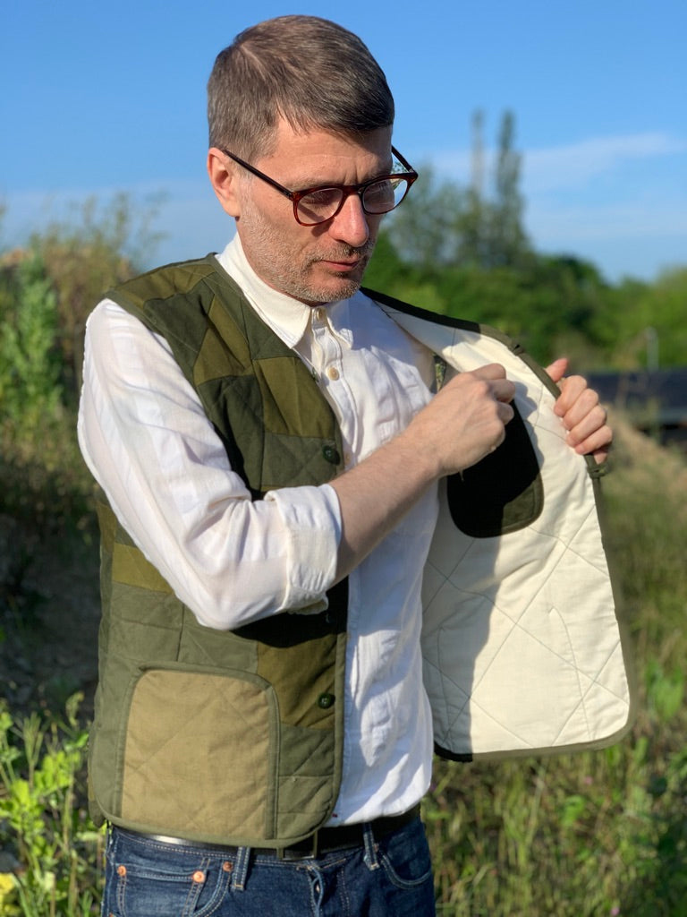 camo scraps quilted liner waistcoat vintage military khaki mens