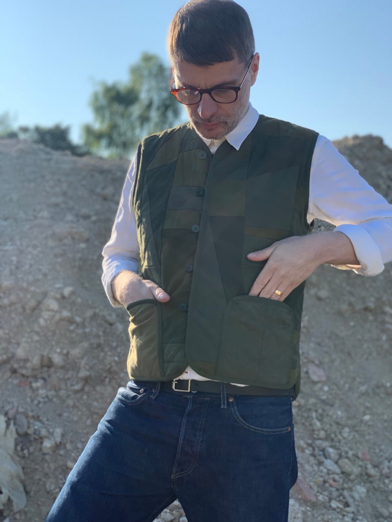 camo scraps quilted liner waistcoat vintage military khaki mens