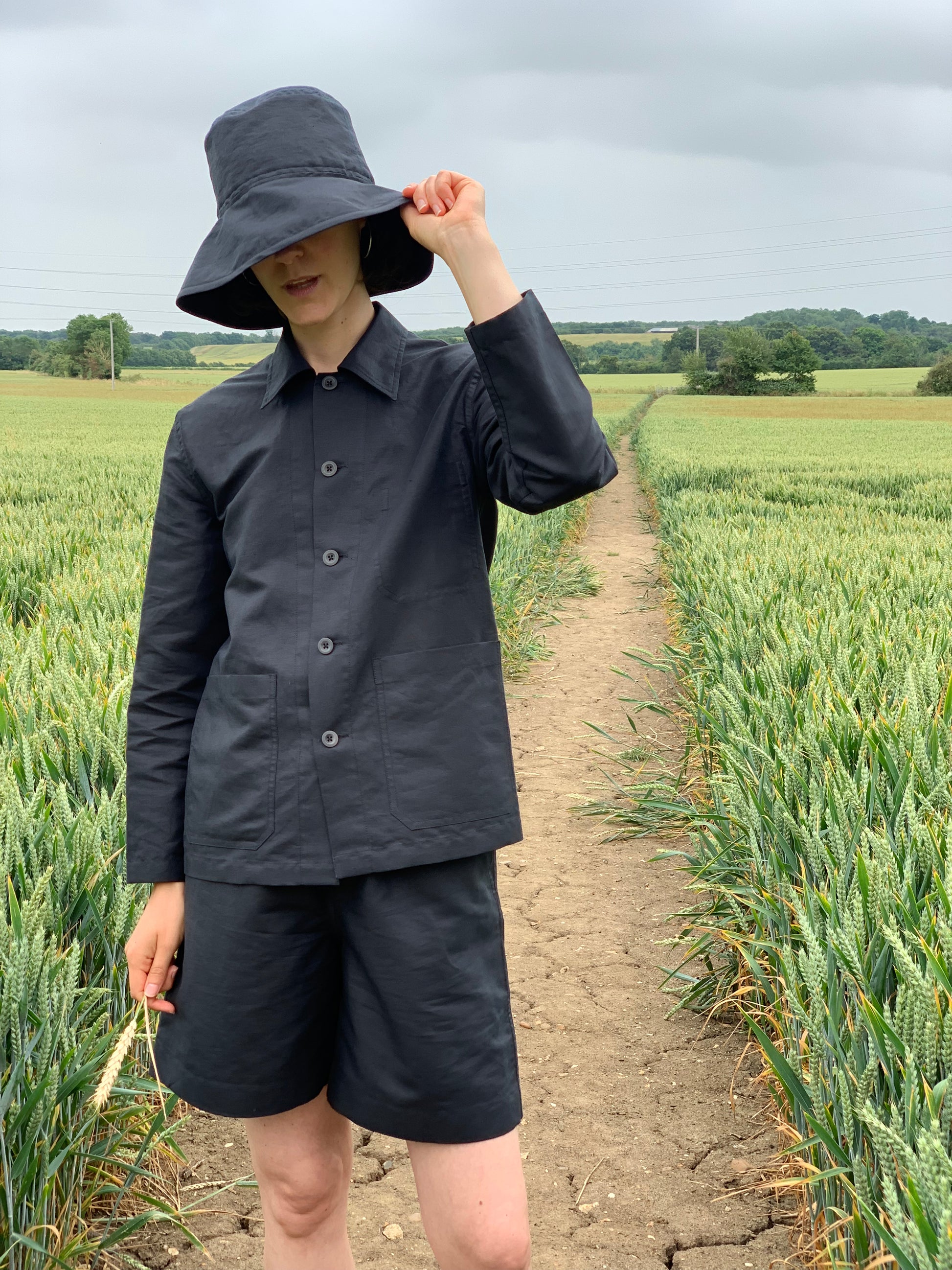 half belt shirt linen cotton twill black womens