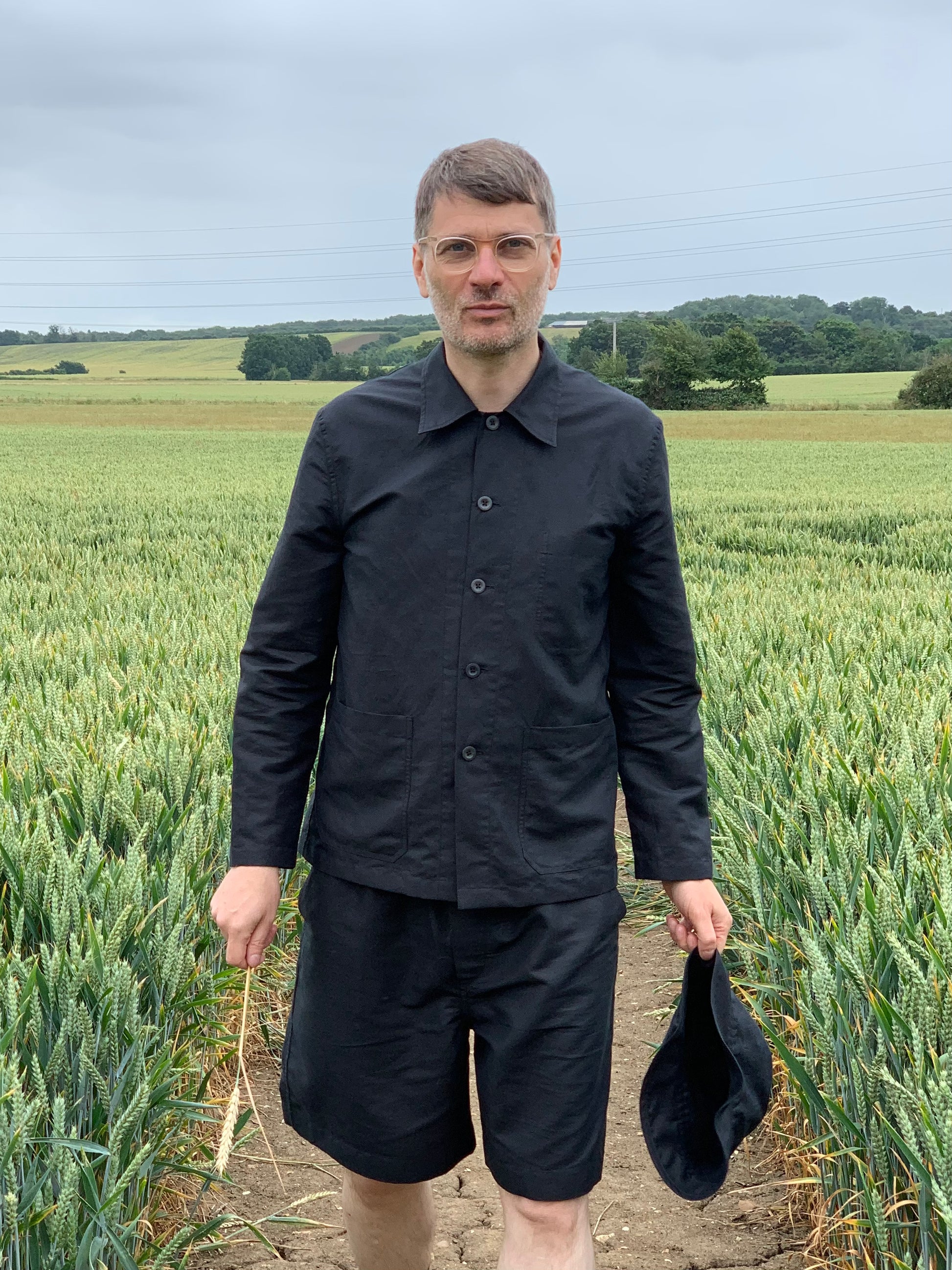 half belt shirt linen cotton twill black mens