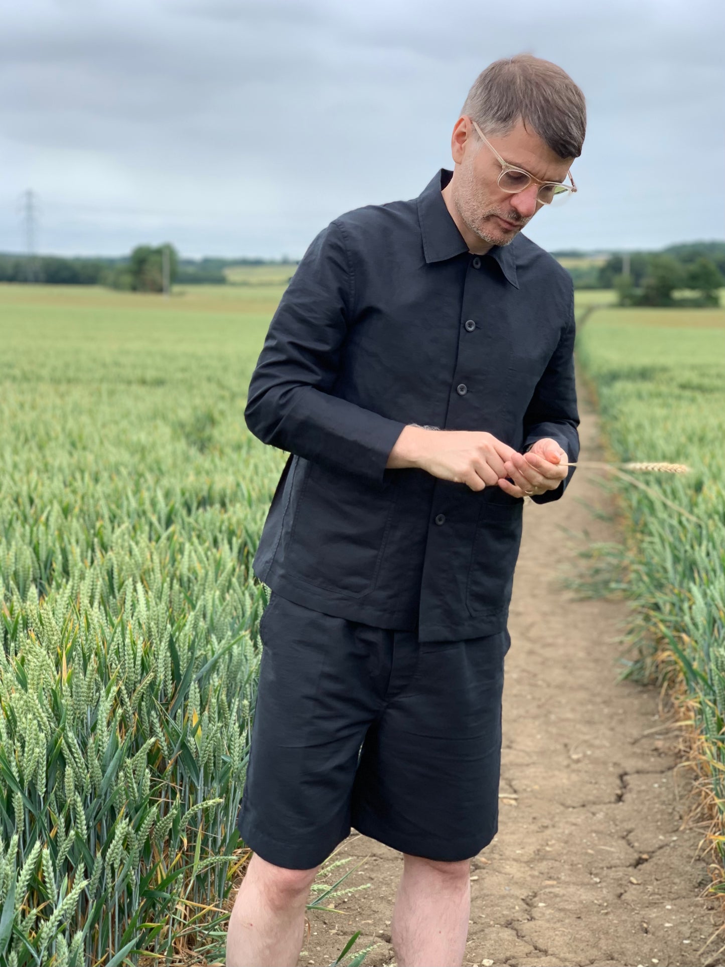 half belt shirt linen cotton twill black mens