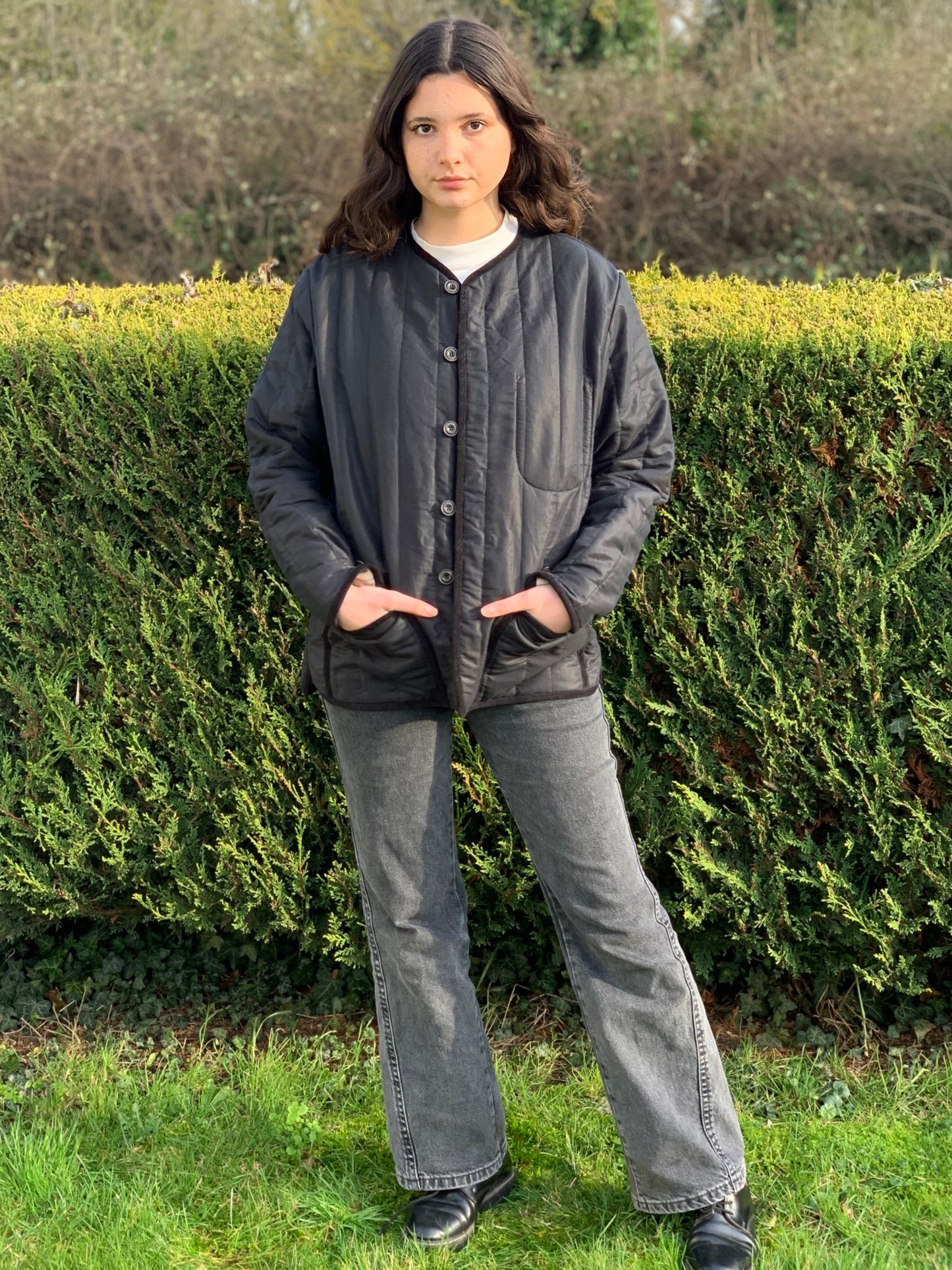 quilted liner jacket linen cotton twill black