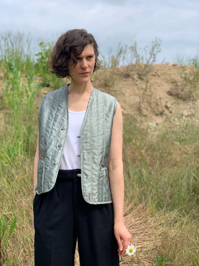 quilted liner waistcoat vintage silk sage womens