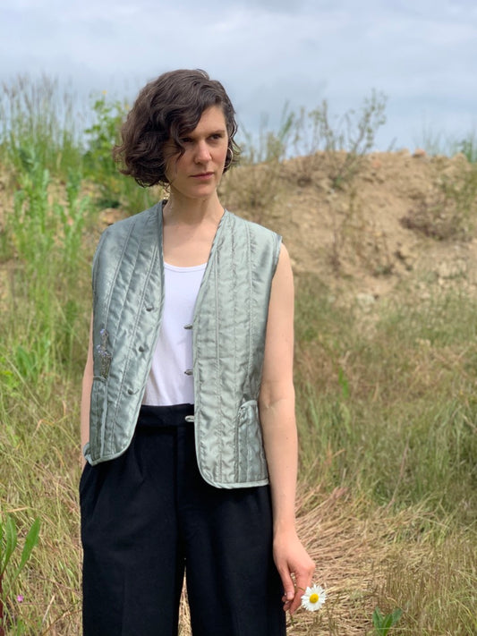 quilted liner waistcoat vintage silk sage womens