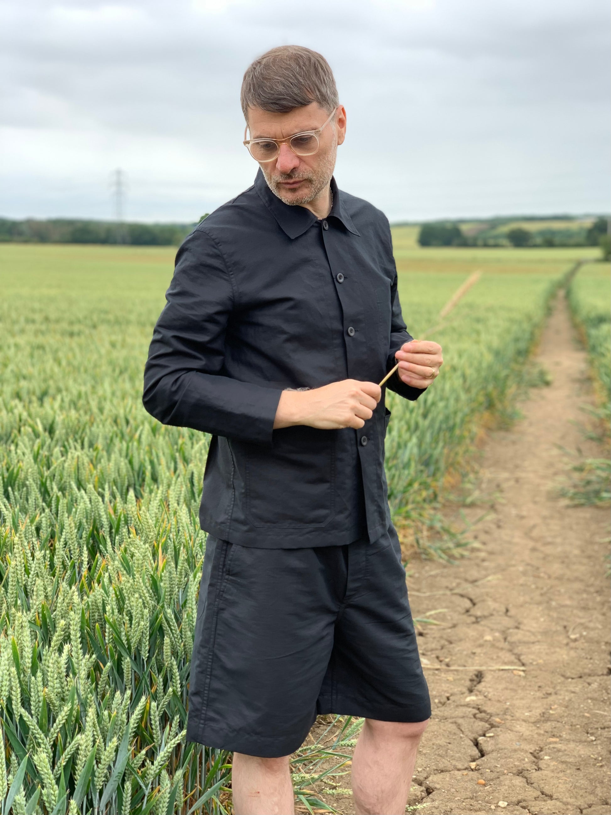 training short linen cotton twill black mens