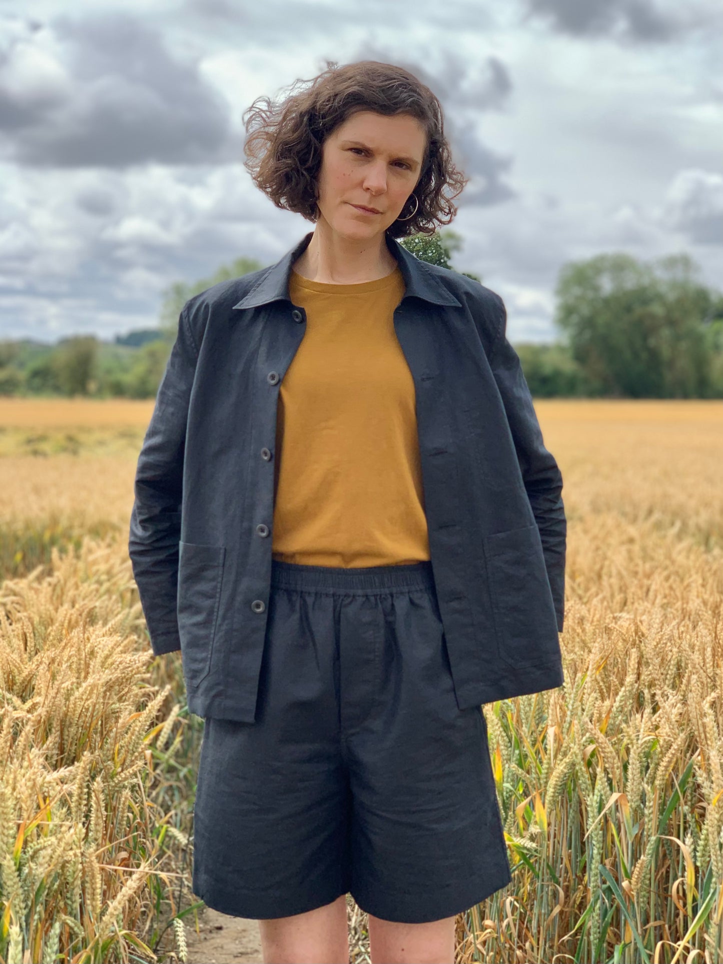 training short linen cotton twill black womens