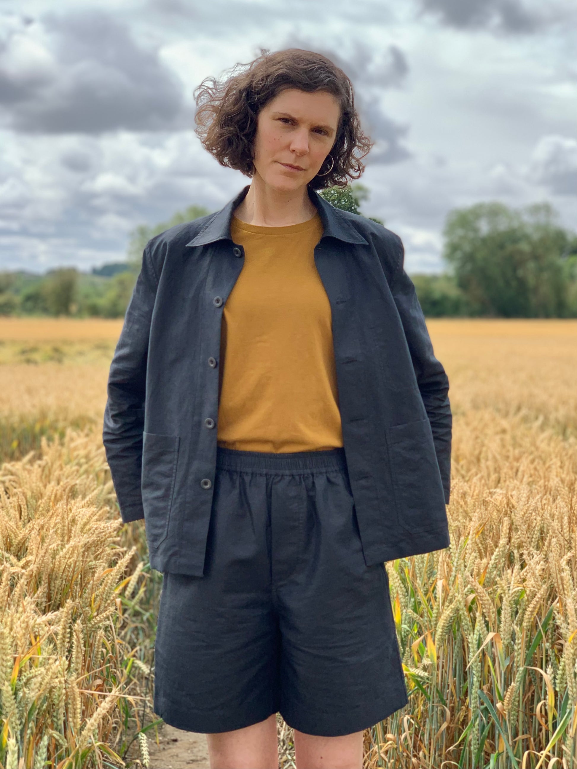 training short linen cotton twill black womens