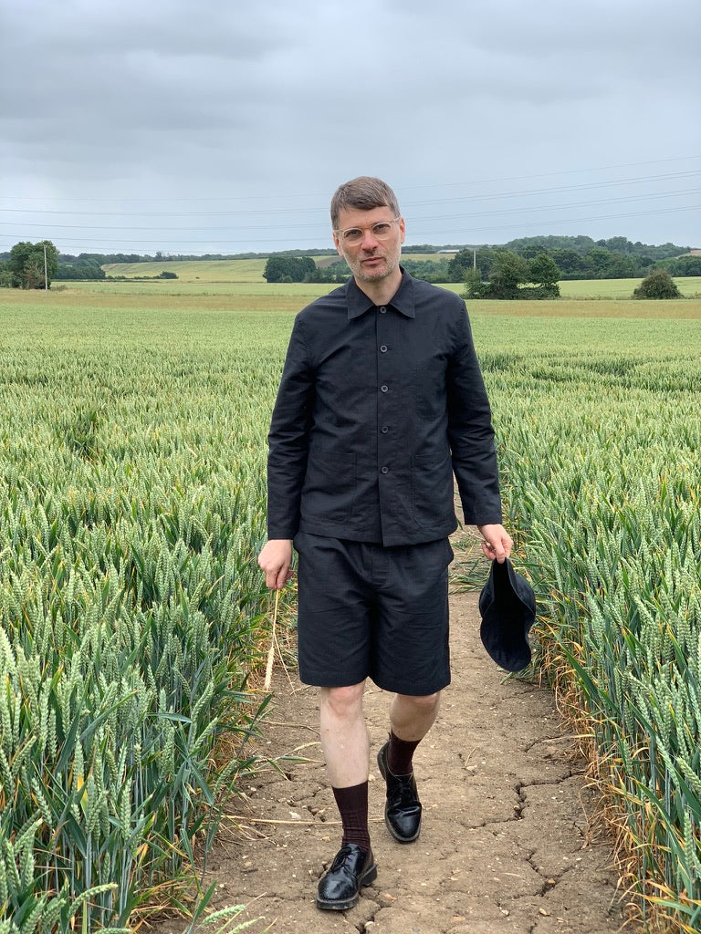 training short linen cotton twill black mens